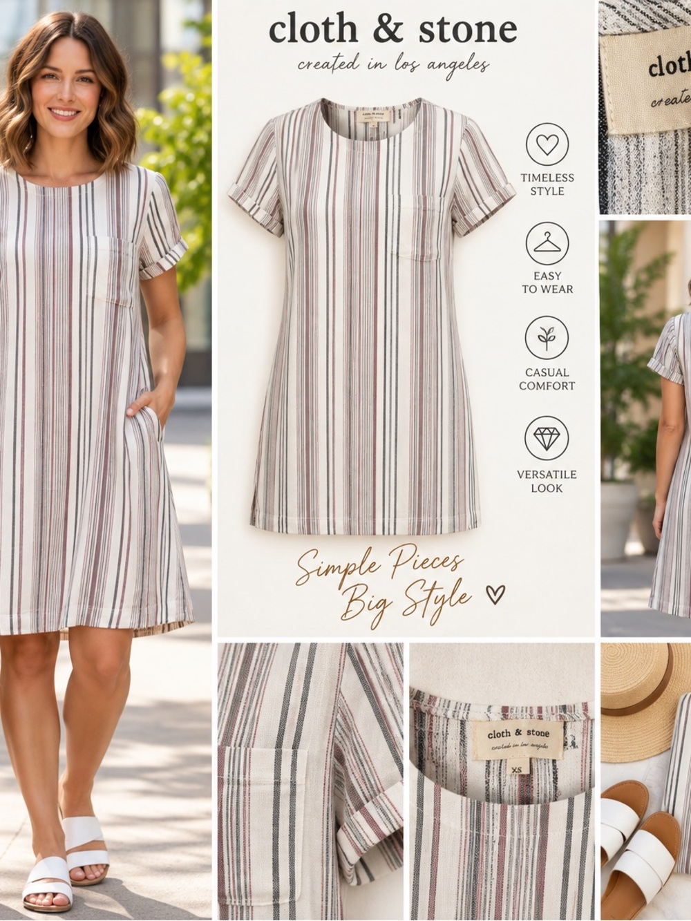 cloth & stone Beige and Brown Striped Short-Sleeve Swim Coverup